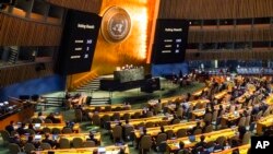 اقوام متحدہ کی جنرل اسمبلی میں روس کے خلاف مذمتی قرار داد سے متعلق خصوصی ہنگامی اجلاس کا منظر ، فوٹو اے پی 